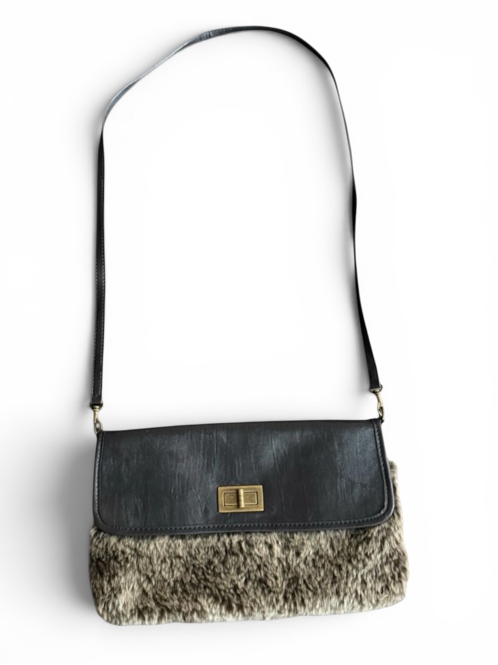 Faux Fur East West Shoulder Bag Crossbody Dark Brown Gray Purse Boho 12” x 8”